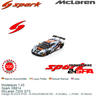 Modelauto 1:43 | Spark SB814 | McLaren 720S GT3 | Garage 59 2024 #188 - M.Kirschh&amp;#246;ffer - A.Smalley - L.Prette - M.Ramo