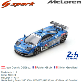 Modelauto 1:18 | Spark 18S873 | McLaren F1 GTR | Giroix Racing Team 1995 #50 - J.D&amp;#233;l&amp;#233;traz - F.Giroix - O.Grou