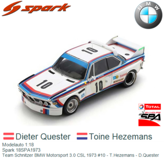 Modelauto 1:18 | Spark 18SPA1973 | Team Schnitzer BMW Motorsport 3.0 CSL 1973 #10 - T.Hezemans - D.Quester