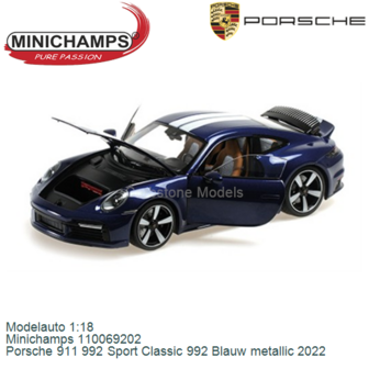 Modelauto 1:18 | Minichamps 110069202 | Porsche 911 992 Sport Classic 992 Blauw metallic 2022