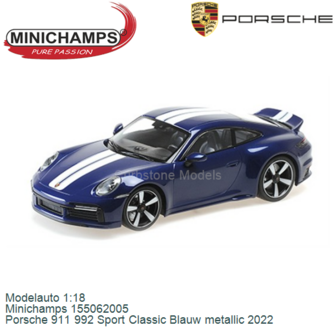 Modelauto 1:18 | Minichamps 155062005 | Porsche 911 992 Sport Classic Blauw metallic 2022