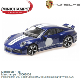 Modelauto 1:18 | Minichamps 155062006 | Porsche 911 992 Sport Classic 992 Blue Metallic and White 2022