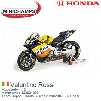 Modelauto 1:12 | Minichamps 122021096 | Team Repsol Honda RC211V 2002 #46 - V.Rossi