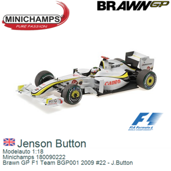 Modelauto 1:18 | Minichamps 180090222 | Brawn GP F1 Team BGP001 2009 #22 - J.Button