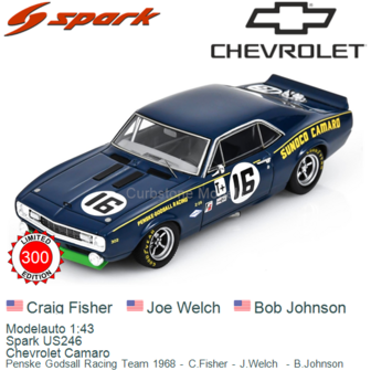 Modelauto 1:43 | Spark US246 | Chevrolet Camaro | Penske Godsall Racing Team 1968 - C.Fisher - J.Welch  - B.Johnson
