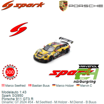 Modelauto 1:43 | Spark SG950 | Porsche 911 GT3 R | Dinamic GT 2024 #54 - M.Seefried - M.Holzer - M.Dienst - B.Buus