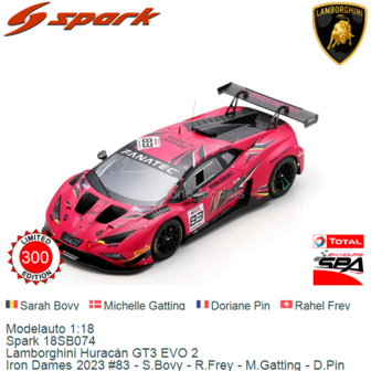 Modelauto 1:18 | Spark 18SB074 | Lamborghini Hurac&aacute;n GT3 EVO 2 | Iron Dames 2023 #83 - S.Bovy - R.Frey - M.Gatting - D.Pin