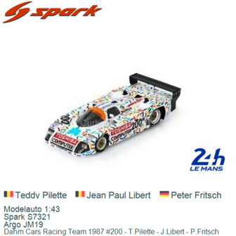 Modelauto 1:43 | Spark S7321 | Argo JM19 | Dahm Cars Racing Team 1987 #200 - T.Pilette - J.Libert - P.Fritsch 