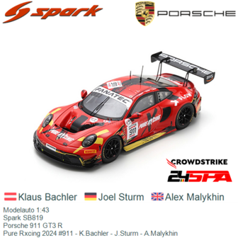 Modelauto 1:43 | Spark SB819 | Porsche 911 GT3 R | Pure Rxcing 2024 #911 - K.Bachler - J.Sturm - A.Malykhin
