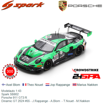 Modelauto 1:43 | Spark SB802 | Porsche 911 GT3 R | Dinamic GT 2024 #55 - J.Rappange - A.Blom  - T.Nouet - M.Nakken