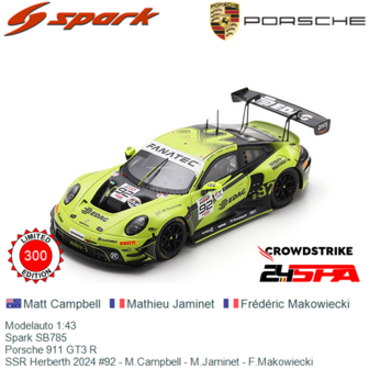 Modelauto 1:43 | Spark SB785 | Porsche 911 GT3 R | SSR Herberth 2024 #92 - M.Campbell - M.Jaminet - F.Makowiecki
