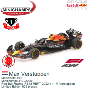 Modelauto 1:43 | Minichamps 417220901 | Red Bull Racing RB18 RBPT 2022 #1 - M.Verstappen