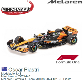Modelauto 1:43 | Minichamps 537244481 | McLaren Formula 1 Team MCL38 2024 #81 - O.Piastri