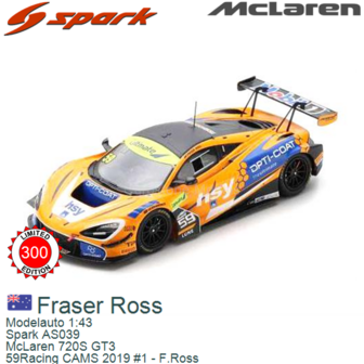 Modelauto 1:43 | Spark AS039 | McLaren 720S GT3 | 59Racing CAMS 2019 #1 - F.Ross