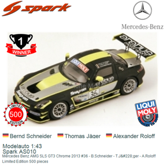 Modelauto 1:43 | Spark AS010 | Mercedes Benz AMG SLS GT3 Chrome 2013 #36 - B.Schneider - T.J&amp;#228;ger - A.Roloff