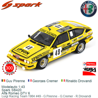 Modelauto 1:43 | Spark SB420 | Alfa Romeo GTV 6 | Luigi Racing Team 1984 #49 - G.Pirenne - G.Cremer - R.Drovandi 
