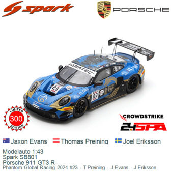 Modelauto 1:43 | Spark SB801 | Porsche 911 GT3 R | Phantom Global Racing 2024 #23 - T.Preining - J.Evans - J.Eriksson