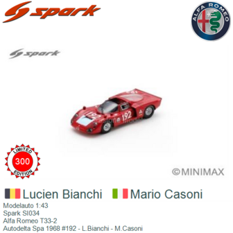 Modelauto 1:43 | Spark SI034 | Alfa Romeo T33-2 | Autodelta Spa 1968 #192 - L.Bianchi - M.Casoni