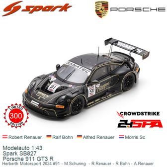 Modelauto 1:43 | Spark SB827 | Porsche 911 GT3 R | Herberth Motorsport 2024 #91 - M.Schuring  - R.Renauer - R.Bohn - A.Renauer