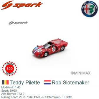 Modelauto 1:43 | Spark SI035 | Alfa Romeo T33-2 | Racing Team V.D.S 1968 #178 - R.Slotemaker - T.Pilette
