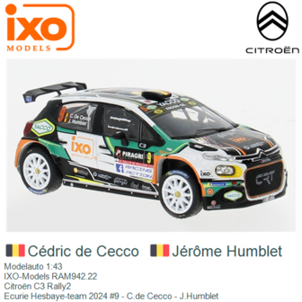 Modelauto 1:43 | IXO-Models RAM942.22 | Citro&euml;n C3 Rally2 | Ecurie Hesbaye-team 2024 #9 - C.de Cecco - J.Humblet 