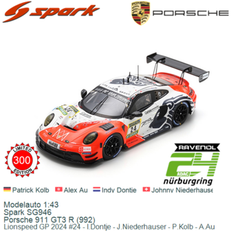 Modelauto 1:43 | Spark SG946 | Porsche 911 GT3 R (992) | Lionspeed GP 2024 #24 - I.Dontje - J.Niederhauser - P.Kolb - A.Au