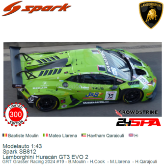 Modelauto 1:43 | Spark SB812 | Lamborghini Hurac&aacute;n GT3 EVO 2 | GRT Grasser Racing 2024 #19 - B.Moulin - H.Cook  - M.Llaren