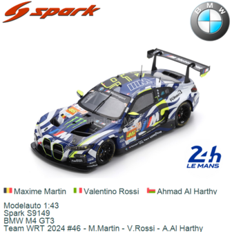 Modelauto 1:43 | Spark S9149 | BMW M4 GT3 | Team WRT 2024 #46 - M.Martin - V.Rossi - A.Al Harthy