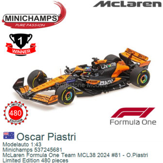Modelauto 1:43 | Minichamps 537245681 | McLaren Formula One Team MCL38 2024 #81 - O.Piastri