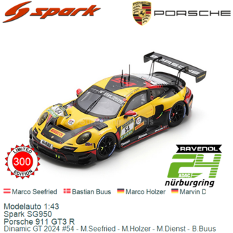 Modelauto 1:43 | Spark SG950 | Porsche 911 GT3 R | Dinamic GT 2024 #54 - M.Seefried - M.Holzer - M.Dienst - B.Buus