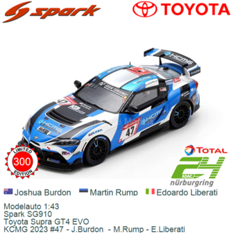 Modelauto 1:43 | Spark SG910 | Toyota Supra GT4 EVO | KCMG 2023 #47 - J.Burdon  - M.Rump - E.Liberati