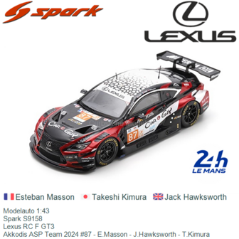 Modelauto 1:43 | Spark S9158 | Lexus RC F GT3 | Akkodis ASP Team 2024 #87 - E.Masson - J.Hawksworth - T.Kimura