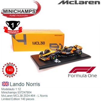 Modelauto 1:12 | Minichamps 537247804 | McLaren MCL38 2024 #04 - L.Norris