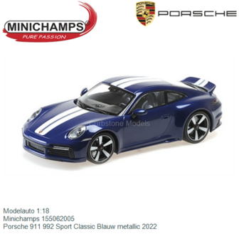 Modelauto 1:18 | Minichamps 155062005 | Porsche 911 992 Sport Classic Blauw metallic 2022