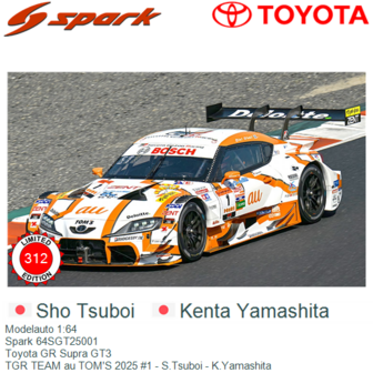 Modelauto 1:64 | Spark 64SGT25001 | Toyota GR Supra GT3 | TGR TEAM au TOM&#039;S 2025 #1 - S.Tsuboi - K.Yamashita 