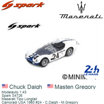 Modelauto 1:43 | Spark S4726 | Maserati Tipo Longtail | Camoradi USA 1960 #24 - C.Daigh - M.Gregory