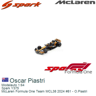 Modelauto 1:64 | Spark Y375 | McLaren Formula One Team MCL38 2024 #81 - O.Piastri