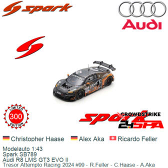 Modelauto 1:43 | Spark SB789 | Audi R8 LMS GT3 EVO II | Tresor Attempto Racing 2024 #99 - R.Feller - C.Haase - A.Aka