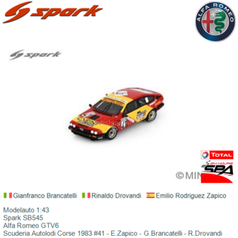 Modelauto 1:43 | Spark SB545 | Alfa Romeo GTV6 | Scuderia Autolodi Corse 1983 #41 - E.Zapico - G.Brancatelli - R.Drovandi 