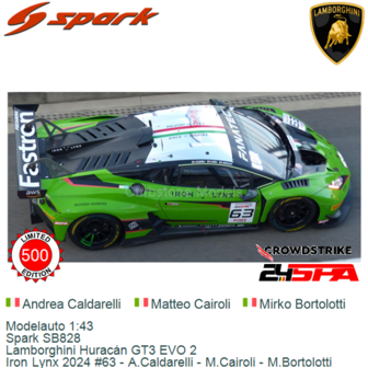 Modelauto 1:43 | Spark SB828 | Lamborghini Hurac&aacute;n GT3 EVO 2 | Iron Lynx 2024 #63 - A.Caldarelli - M.Cairoli - M.Bortolott
