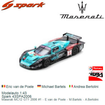 Modelauto 1:43 | Spark 43SPA2006 | Maserati MC12 GT1 2006 #1 - E.van de Poele - M.Bartels - A.Bertolini