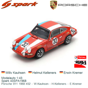 Modelauto 1:43 | Spark 43SPA1968 | Porsche 911 1968 #32 - W.Kauhsen - H.Kelleners - E.Kremer