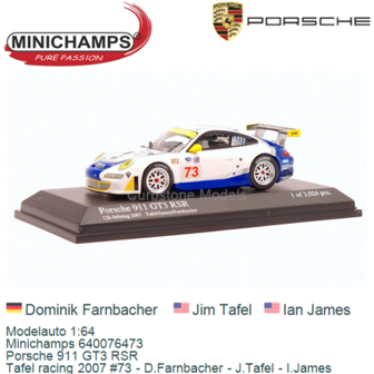 Modelauto 1:64 | Minichamps 640076473 | Porsche 911 GT3 RSR | Tafel racing 2007 #73 - D.Farnbacher - J.Tafel - I.James