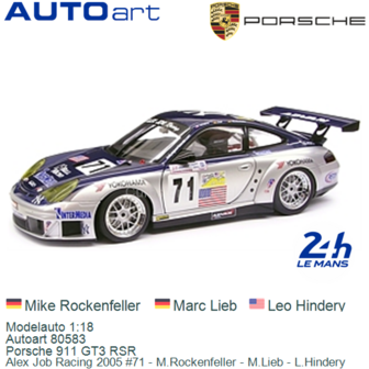 Modelauto 1:18 | Autoart 80583 | Porsche 911 GT3 RSR | Alex Job Racing 2005 #71 - M.Rockenfeller - M.Lieb - L.Hindery