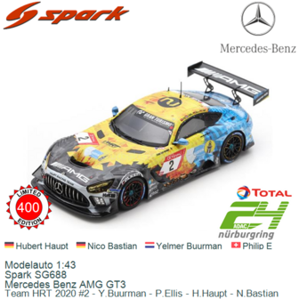 Modelauto 1:43 | Spark SG688 | Mercedes Benz AMG GT3 | Team HRT 2020 #2 - Y.Buurman - P.Ellis - H.Haupt - N.Bastian