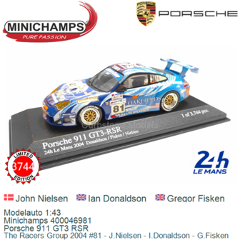 Modelauto 1:43 | Minichamps 400046981 | Porsche 911 GT3 RSR | The Racers Group 2004 #81 - J.Nielsen - I.Donaldson - G.Fisken