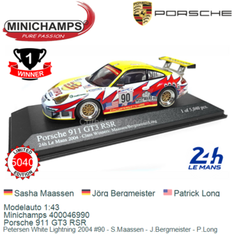 Modelauto 1:43 | Minichamps 400046990 | Porsche 911 GT3 RSR | Petersen White Lightning 2004 #90 - S.Maassen - J.Bergmeister - P