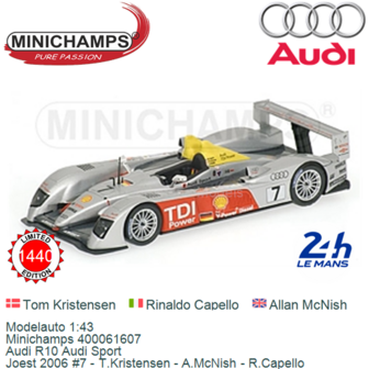 Modelauto 1:43 | Minichamps 400061607 | Audi R10 Audi Sport | Joest 2006 #7 - T.Kristensen - A.McNish - R.Capello