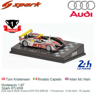 Modelauto 1:87 | Spark 87LM08 | Audi Sport North America R10 TDI 2008 #2 - T.Kristensen - A.Mc Nish - R.Capello