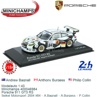 Modelauto 1:43 | Minichamps 400046984 | Porsche 911 GT3 RS | Seikel Motorsport 2004 #84 - A.Bagnall - A.Burgess - P.Collin